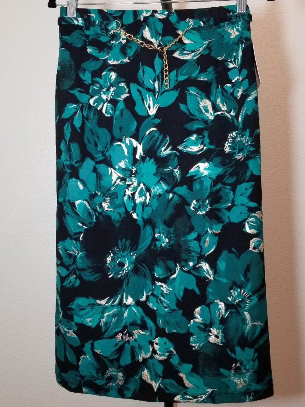 Messini Womens Small Teal Black Gold Floral Pencil Skirt Business Party City NWT